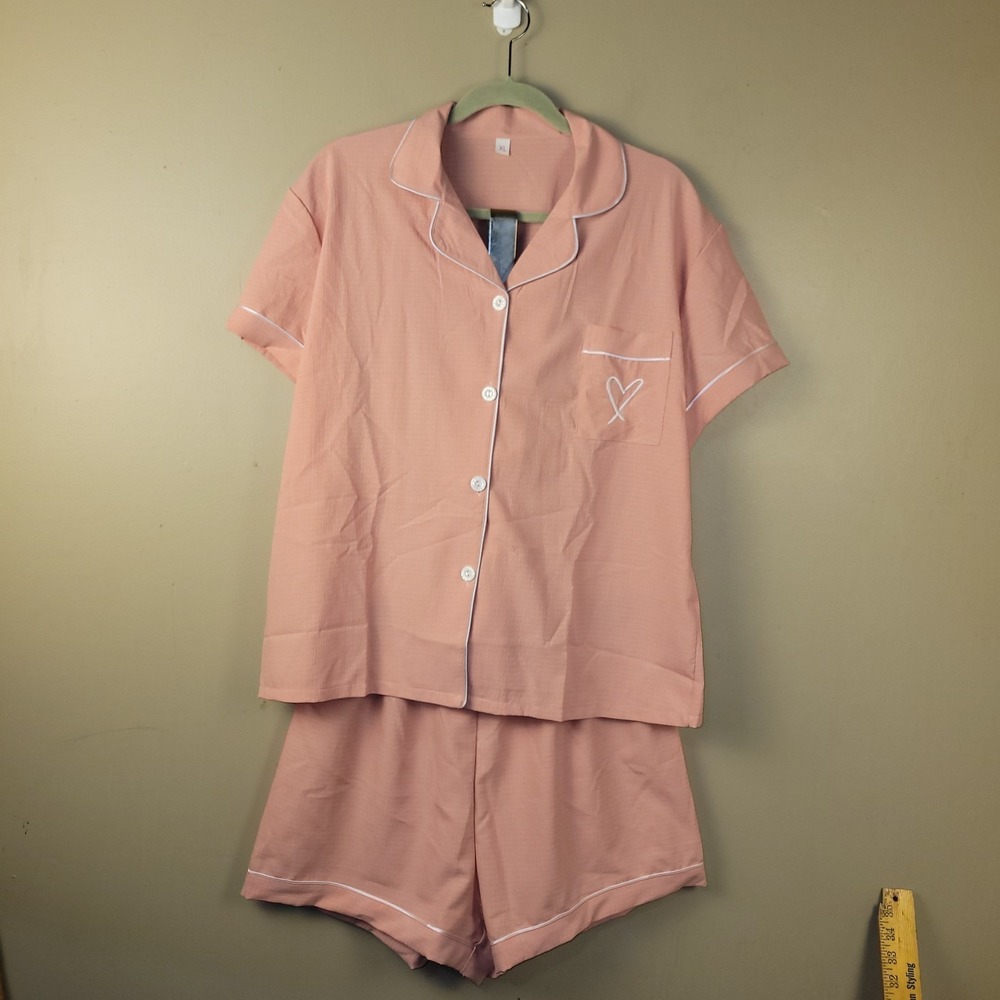 Women's Pink Pajama Set XL Button Front Short Sleeve Shorts Lounge Sleepwear...